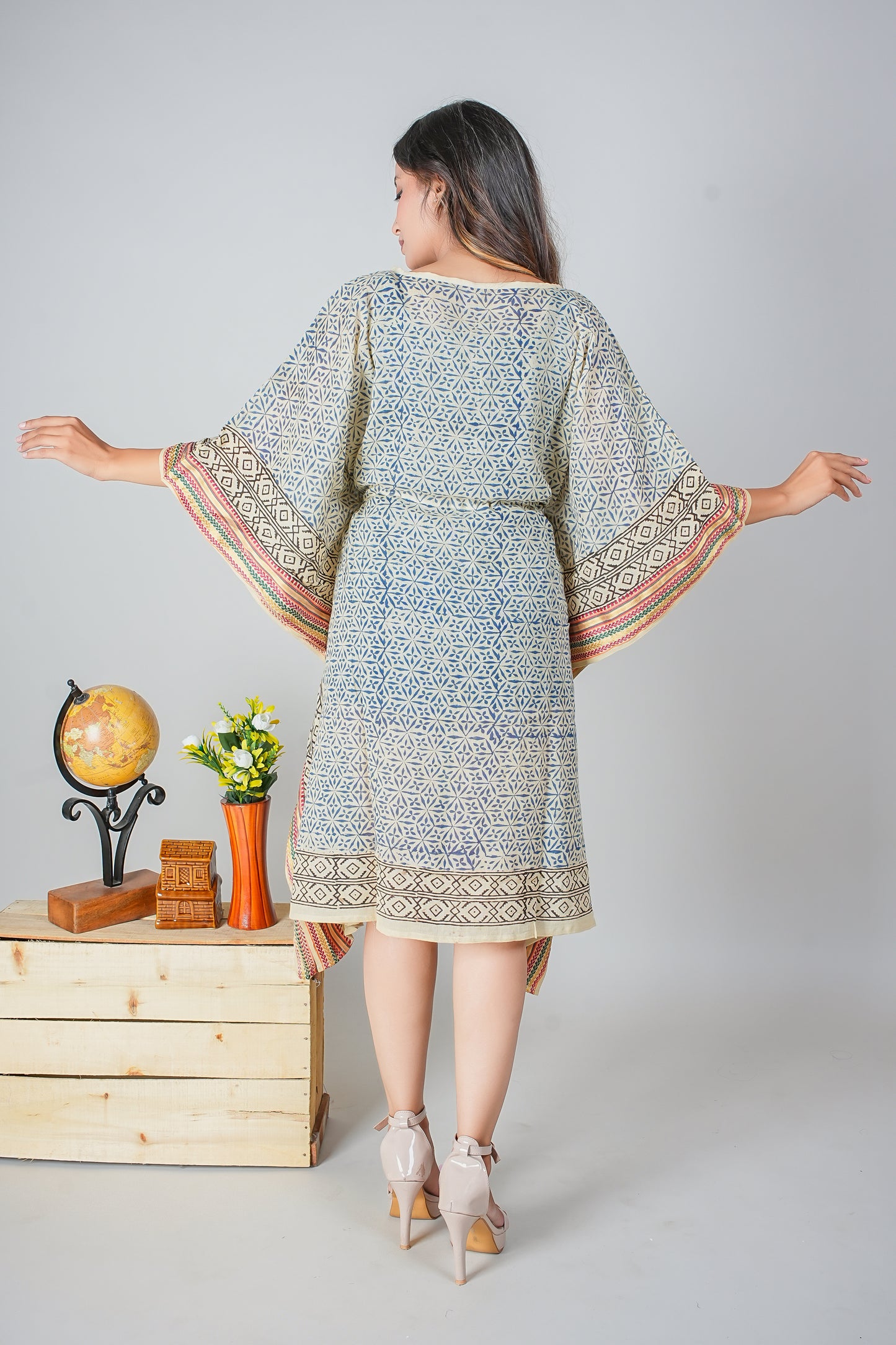 Hand Block Printed Cotton Caftan Dress – Blue Mughal Floral with Heritage Borders (Free Size)