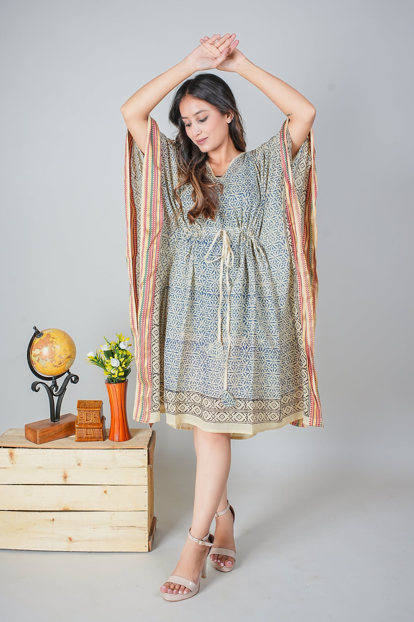 Hand Block Printed Cotton Caftan Dress – Blue Mughal Floral with Heritage Borders (Free Size)