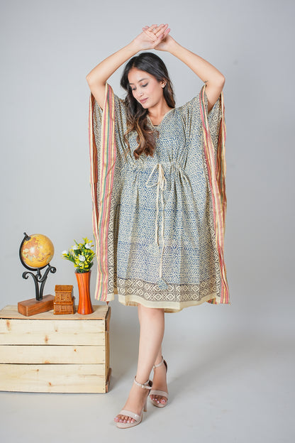 Hand Block Printed Cotton Caftan Dress – Blue Mughal Floral with Heritage Borders (Free Size)
