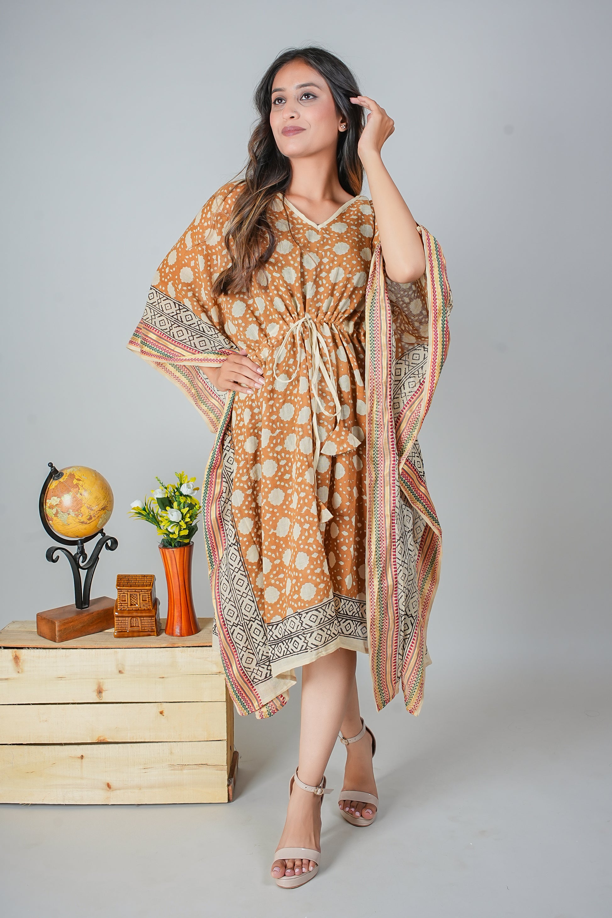 Hand Block Printed Cotton Caftan Dress – Ochre Batik Dots with Tribal Borders (Free Size)