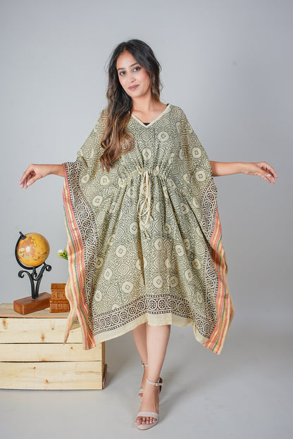 Hand Block Printed Cotton Caftan Dress – Olive Geometric Medallions with Heritage Borders (Free Size)