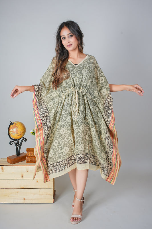 Hand Block Printed Cotton Caftan Dress – Olive Geometric Medallions with Heritage Borders (Free Size)