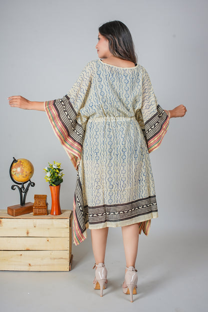 Hand Block Printed Cotton Kaftan Dress – Indigo Stripes with Tribal Border Accents (Free Size)