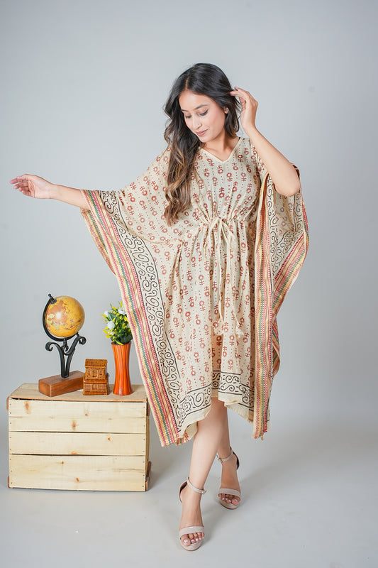 Hand Block Printed Cotton Kaftan Dress – Rust Floral Motifs on Beige with Tribal Borders (Free Size)