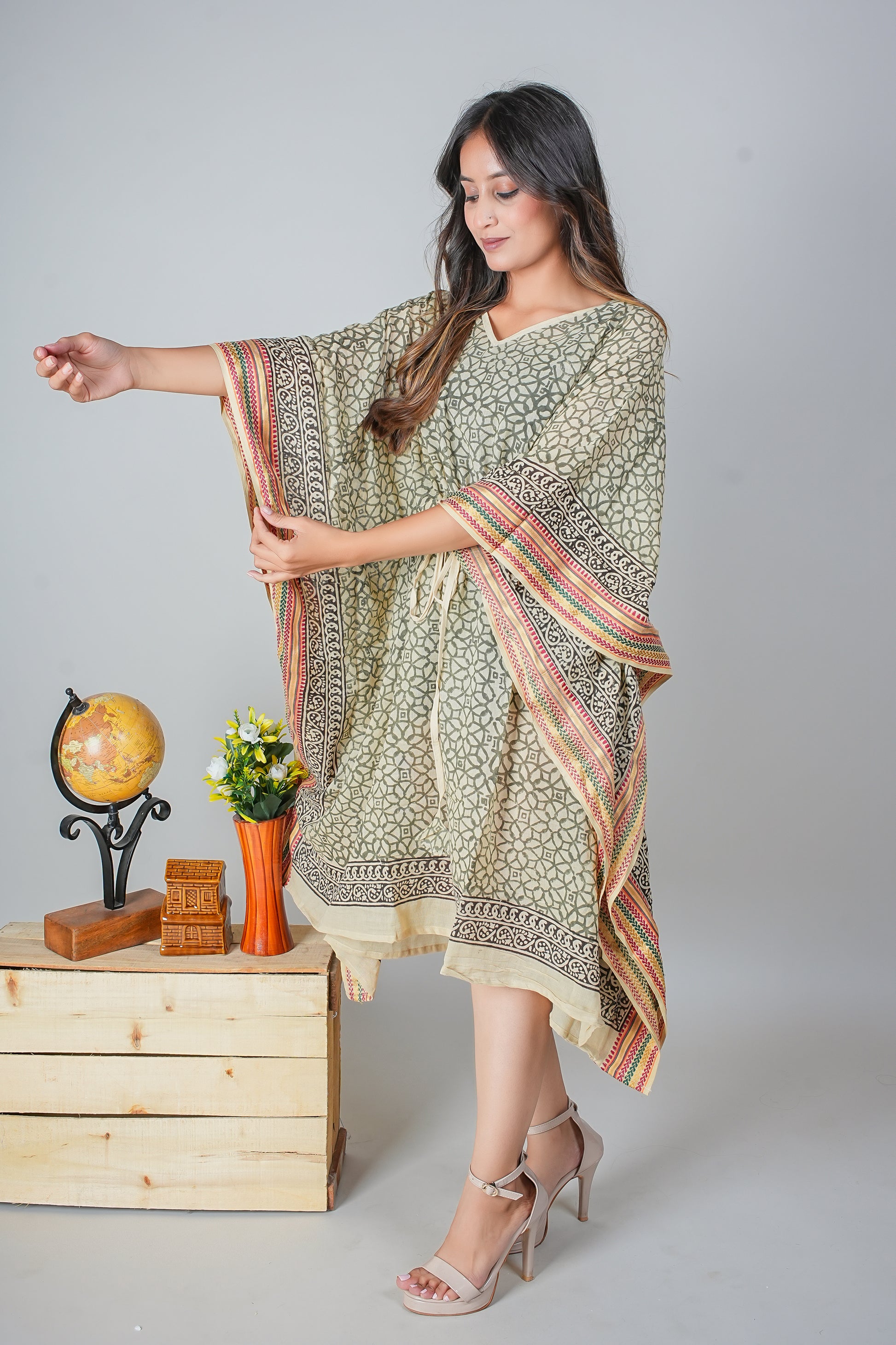 Olive Geometric Hand Block Printed Cotton Kaftan with Multicolor Borders