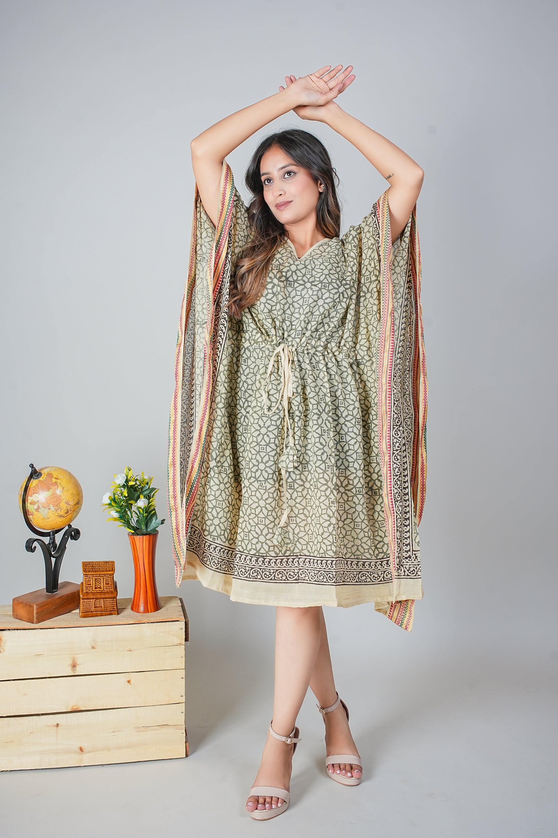 Olive Geometric Hand Block Printed Cotton Kaftan with Multicolor Borders