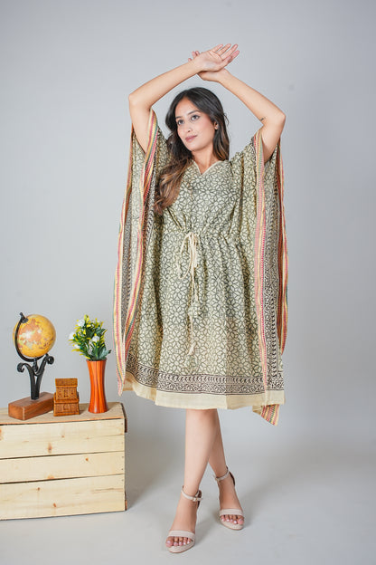 Olive Geometric Hand Block Printed Cotton Kaftan with Multicolor Borders