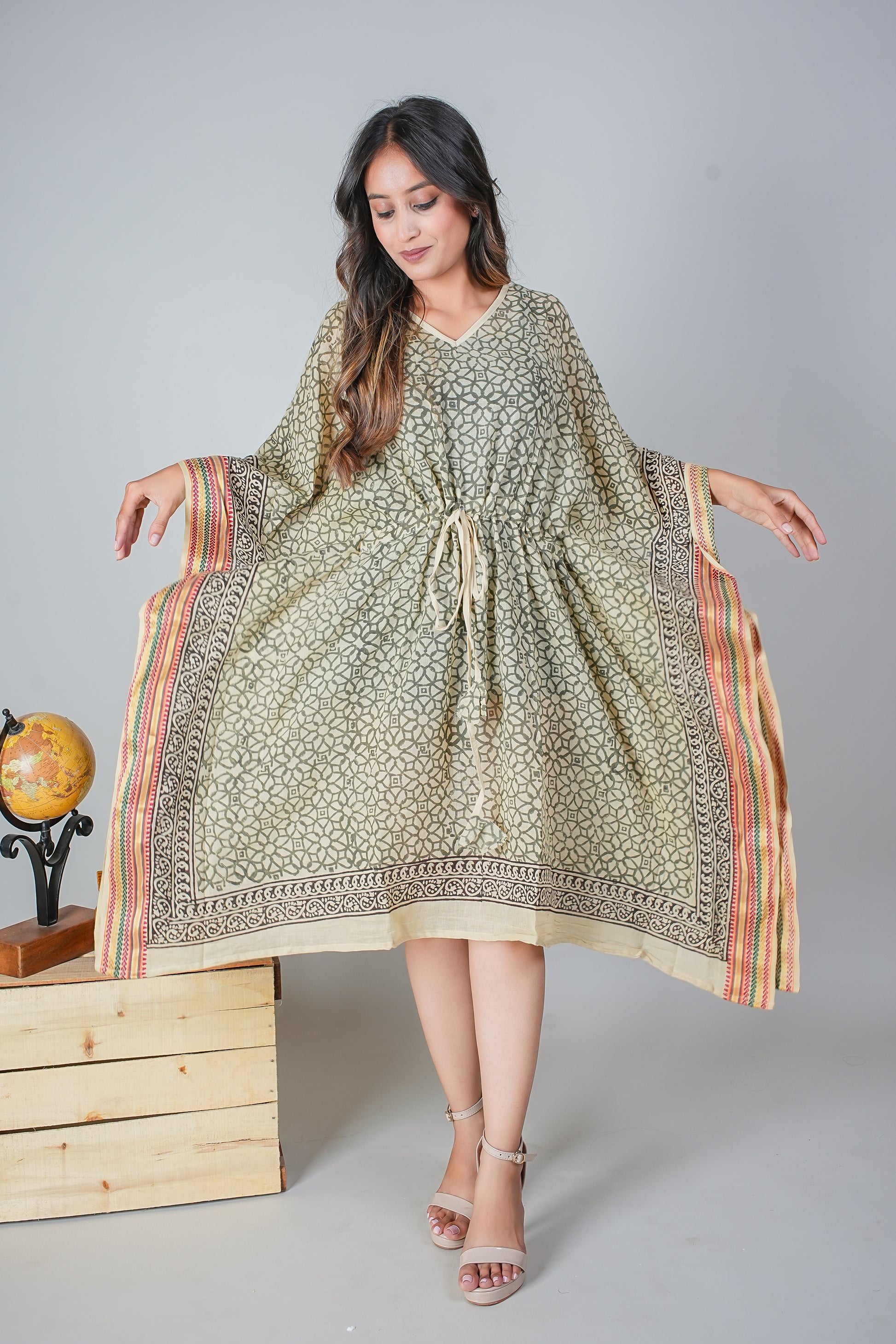 Olive Geometric Hand Block Printed Cotton Kaftan with Multicolor Borders