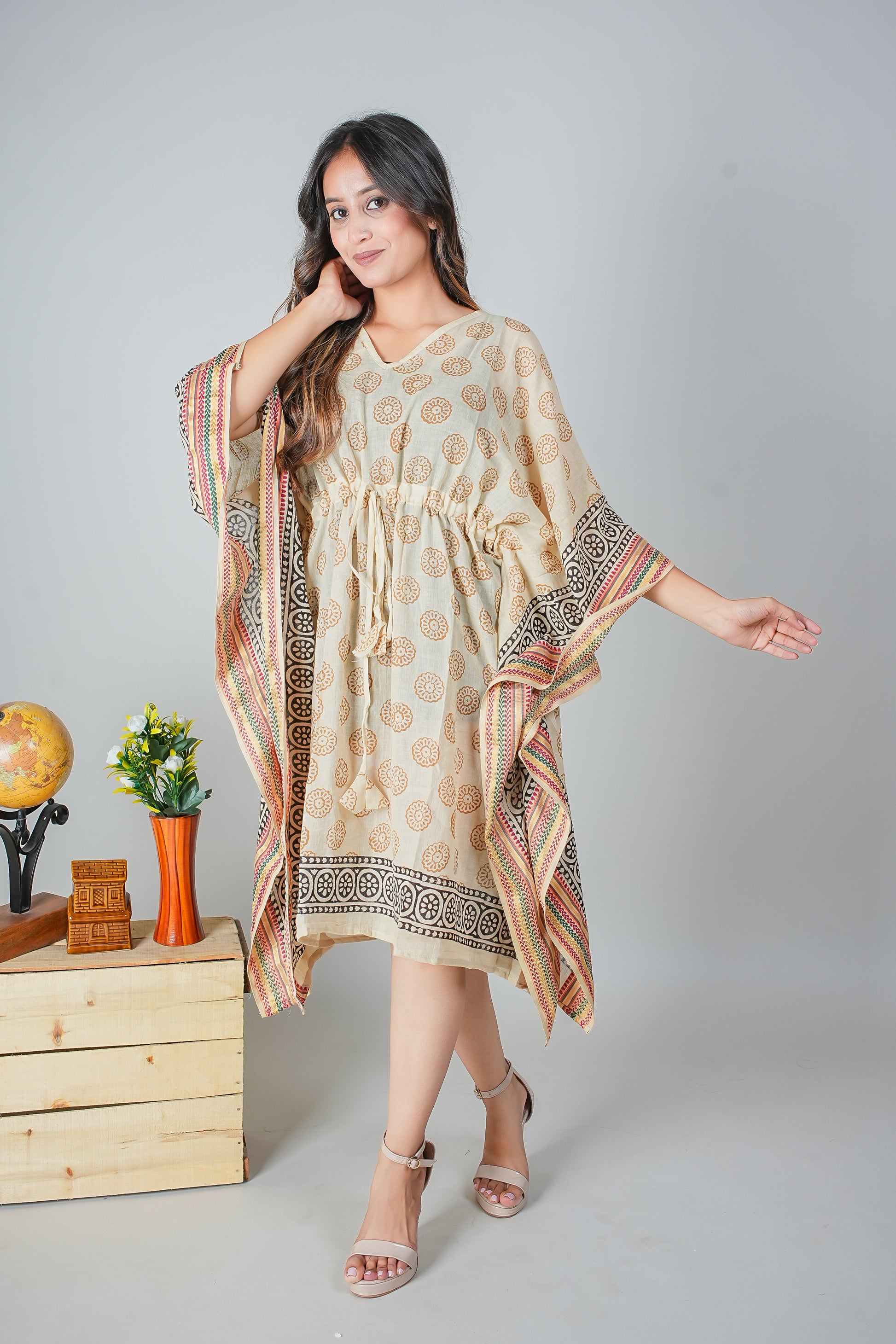 Cream Beige Hand Block Printed Cotton Kaftan with Circular Motifs