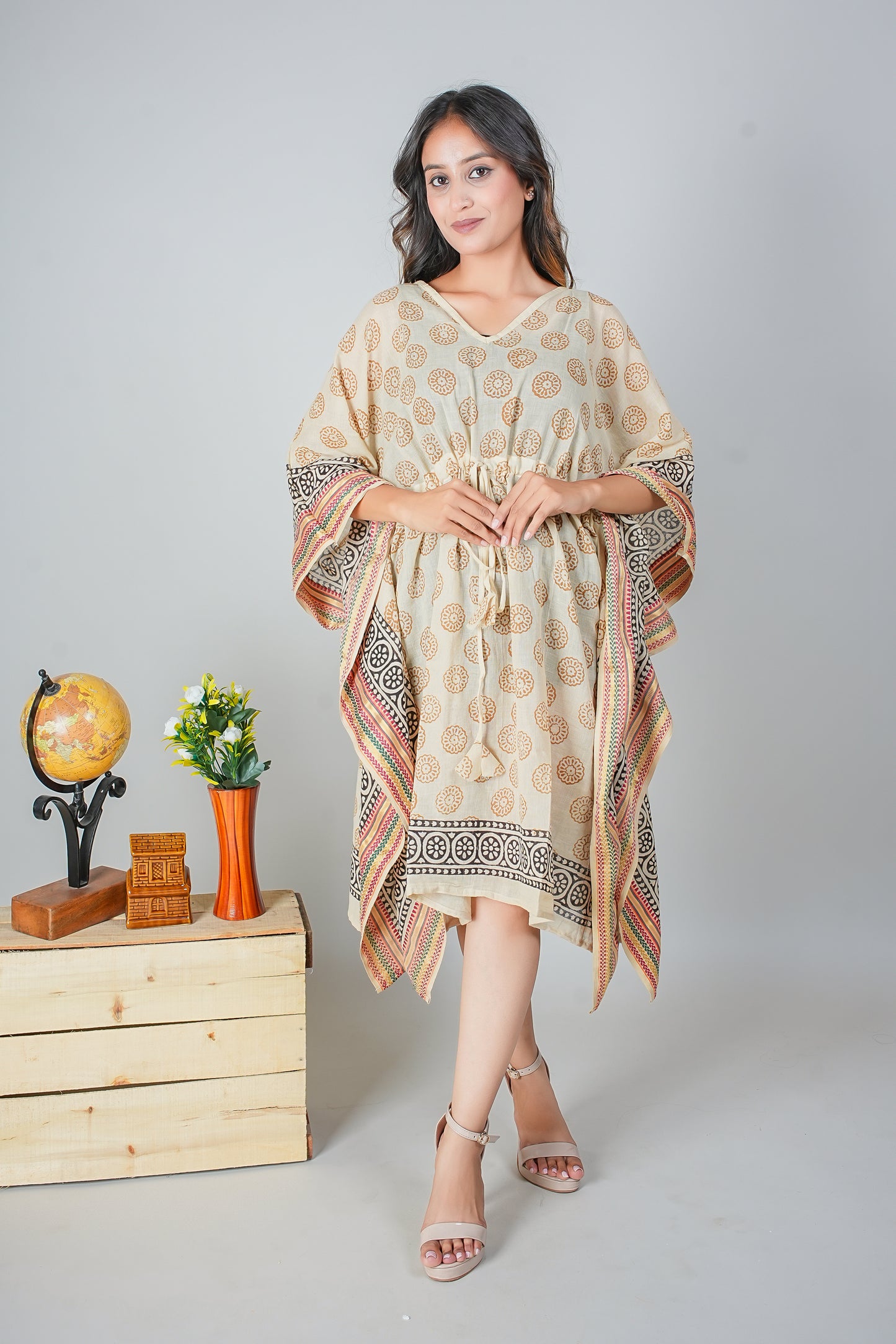 Cream Beige Hand Block Printed Cotton Kaftan with Circular Motifs