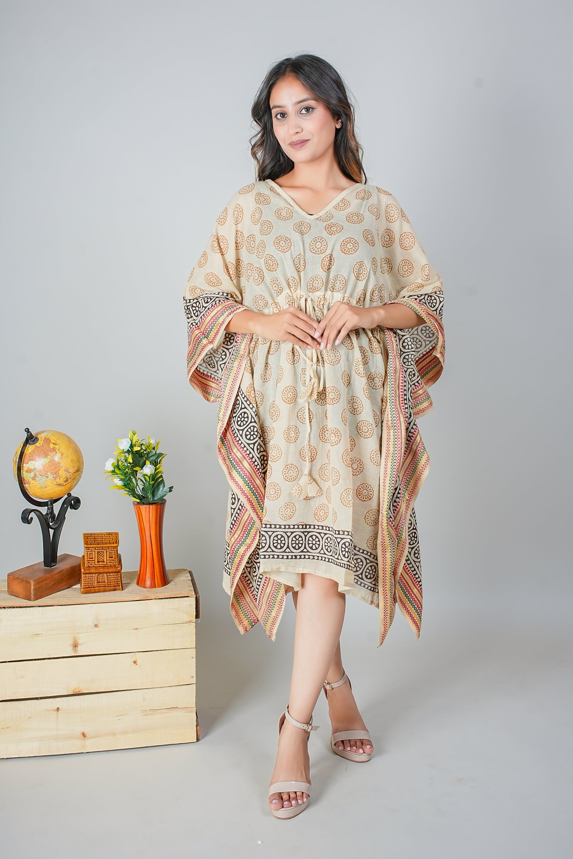 Cream Beige Hand Block Printed Cotton Kaftan with Circular Motifs