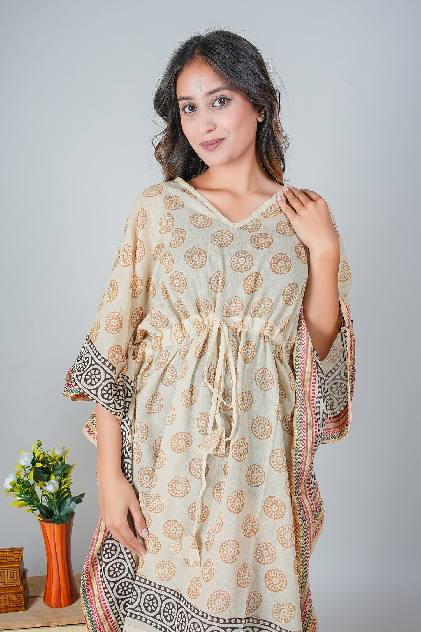 Cream Beige Hand Block Printed Cotton Kaftan with Circular Motifs