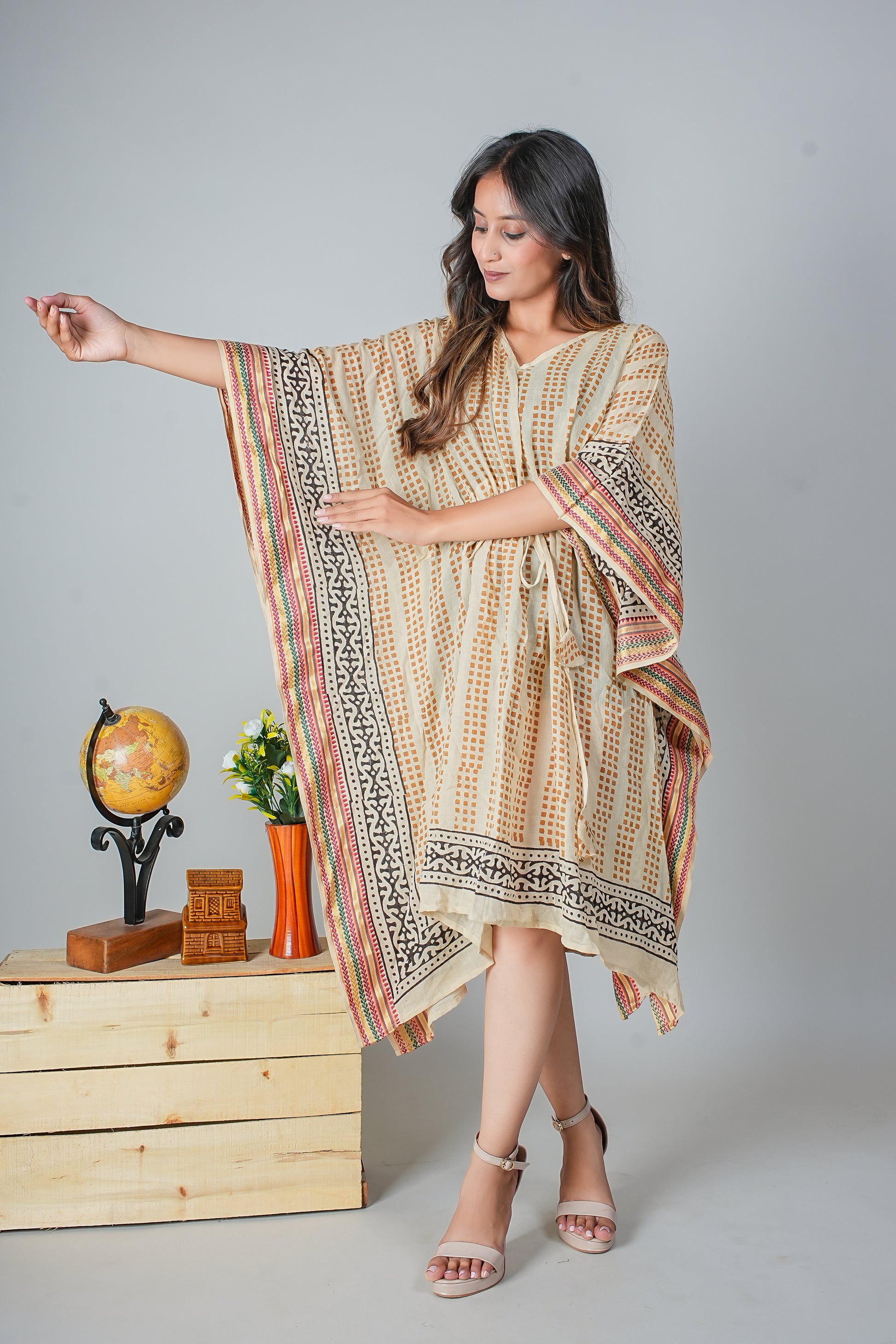 Beige Hand Block Printed Cotton Caftan with Rust Geometric Dots and Tribal Border