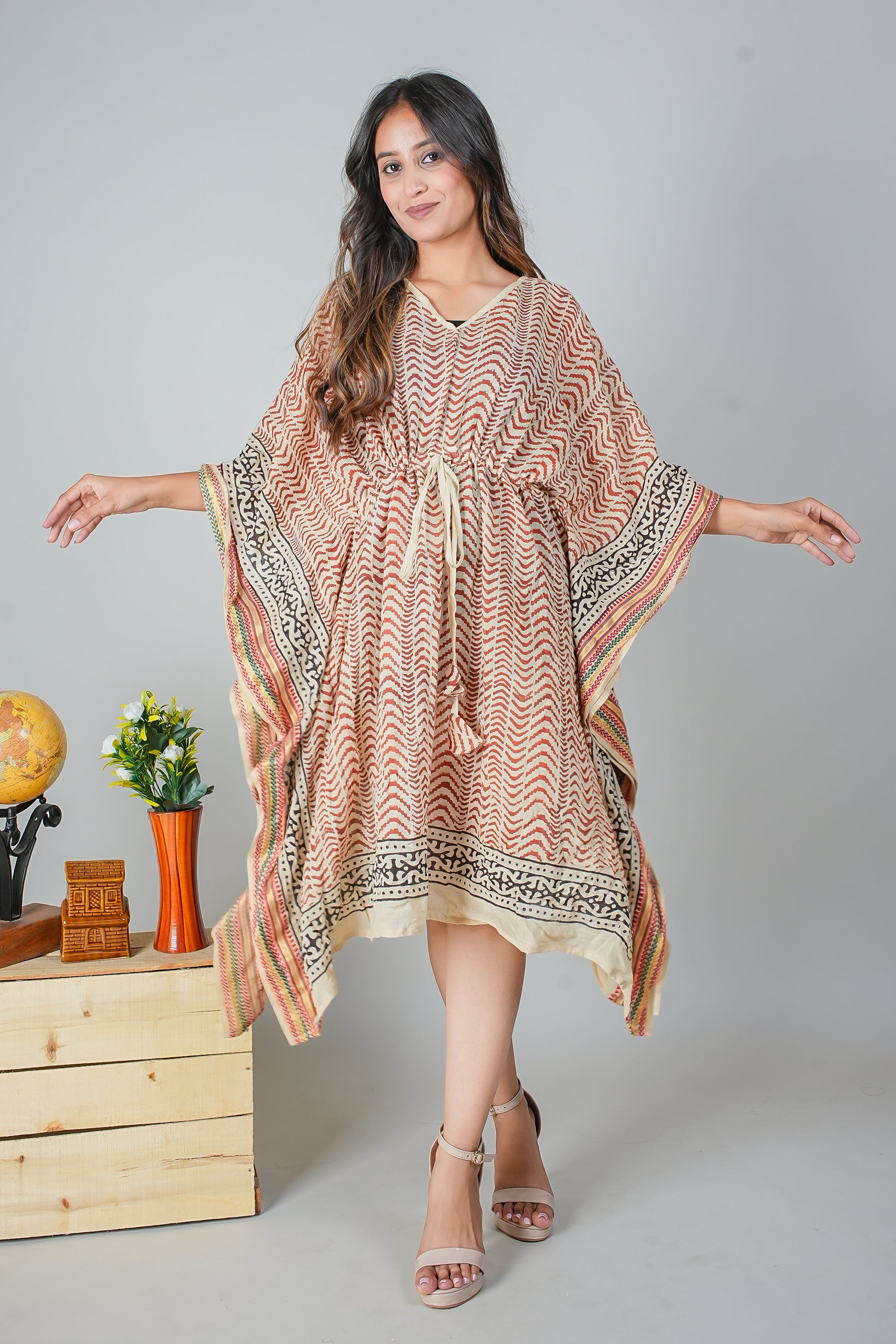 Earthy Zigzag Hand Block Printed Cotton Kaftan – Free Size Loungewear Earthy Zigzag Hand Block Printed Cotton Kaftan – Free Size Loungewear
