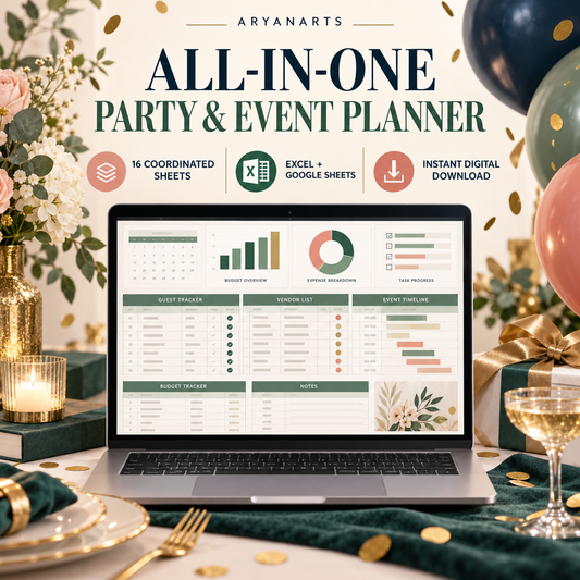 All-in-One Party & Event Planner Spreadsheet | Budget, Guest List, Checklist, Vendors, Menu & Timeline | Excel + Google Sheets