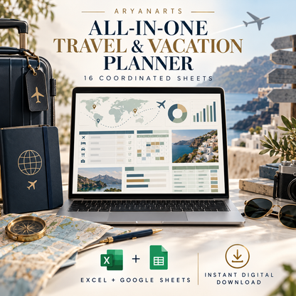 All-in-One Travel & Vacation Planner Spreadsheet | Trip Budget, Itinerary, Packing List & Reservations | Excel + Google Sheets
