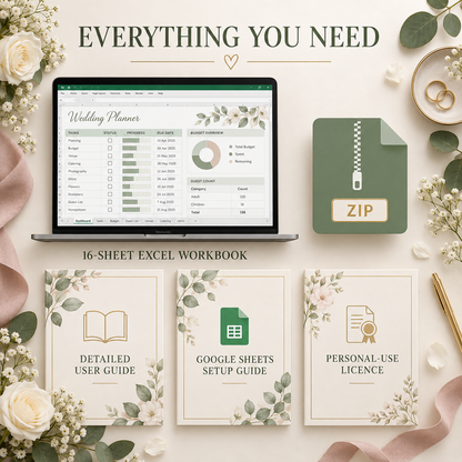 All-in-One Wedding Planner Spreadsheet | Budget, Guest List, Checklist, Vendors, Seating & Timeline | Excel + Google Sheets