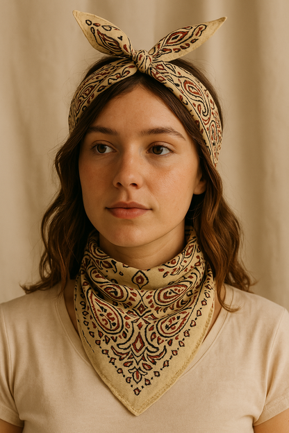 Natural Beige Bandana with Maroon & Black Paisley | Organic Cotton Scarf for Men & Women - Size 21x21 Inches