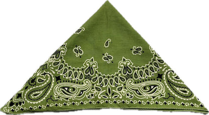 Olive Green Paisley Bandana, Unisex Organic Cotton Head & Neck Scarf for Men & Women - Size 21x21 Inches