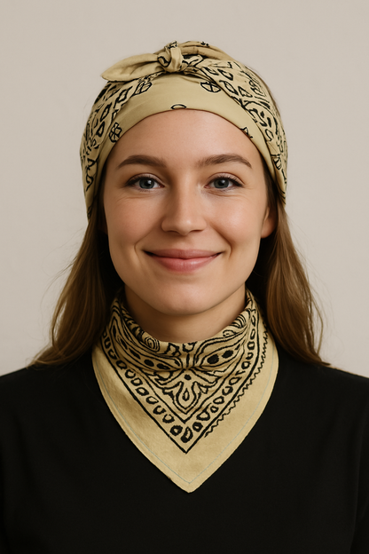 Eco-Friendly Beige & Black Paisley Bandana | Unisex Organic Cotton Scarf - Size 21x21 Inches, Hair Scarf