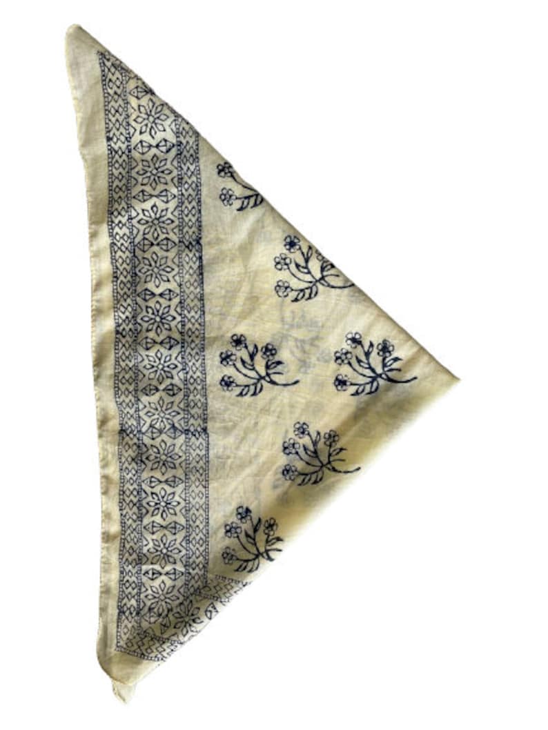 White Cotton Bandana Scarf with Blue Designs on it, Handmade Gift for Him/Her