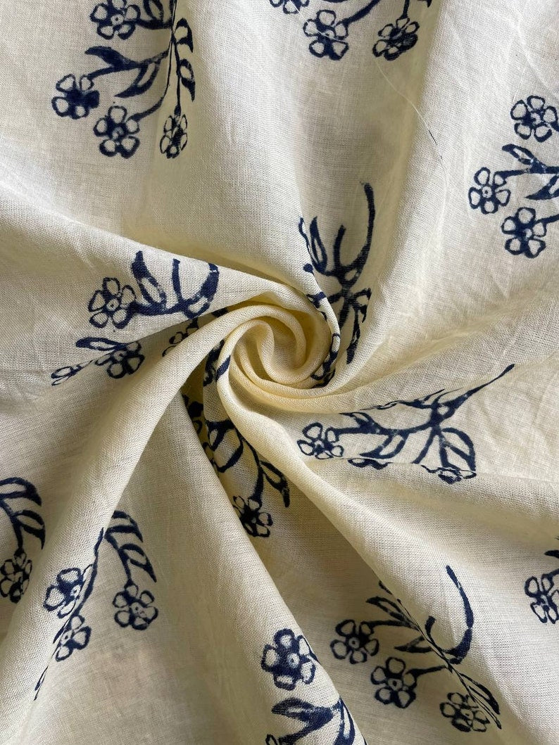 White Cotton Bandana Scarf with Blue Designs on it, Handmade Gift for Him/Her