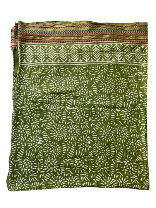 Green Sarongs, Hand Block Printed Silk Border Cotton Sarong Wrap, Pareos, Plus Size Sarong, Bikini Cover Up, Size 44x72 Inches