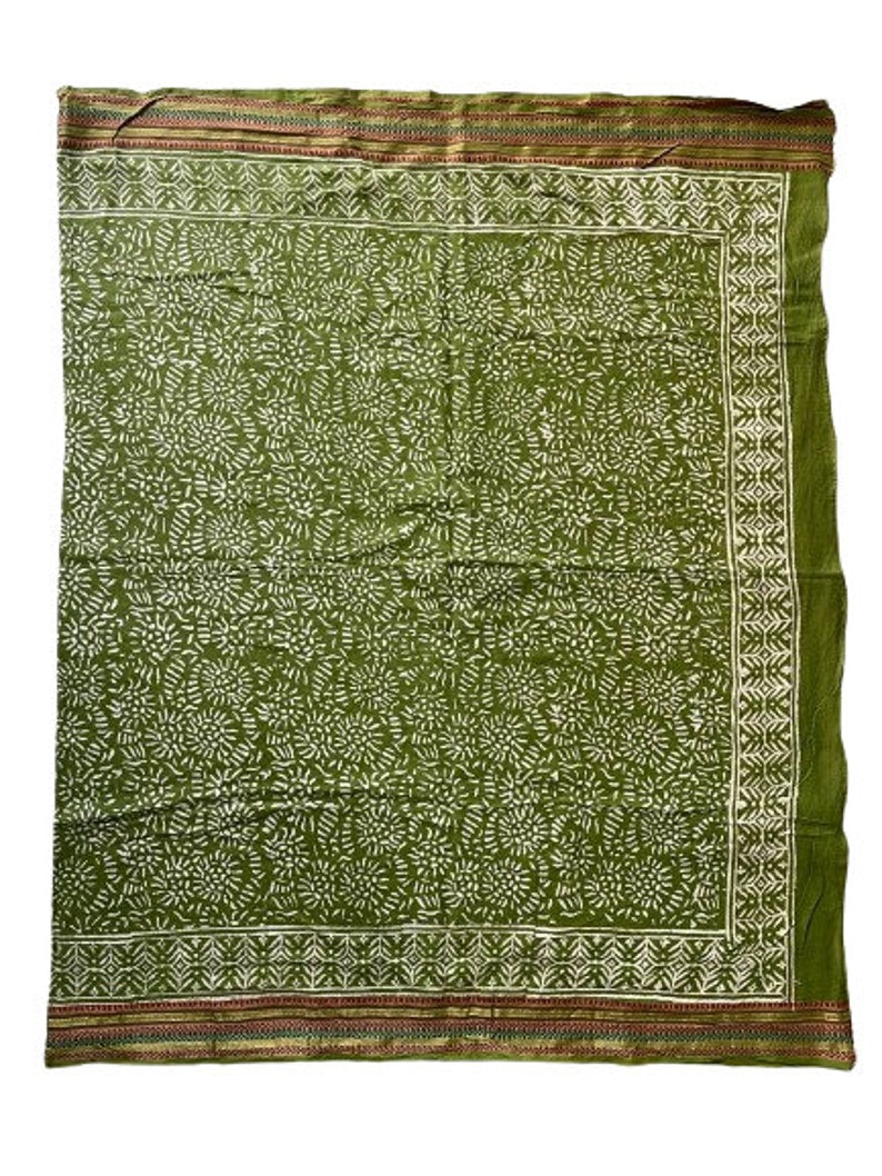 Green Sarongs, Hand Block Printed Silk Border Cotton Sarong Wrap, Pareos, Plus Size Sarong, Bikini Cover Up, Size 44x72 Inches