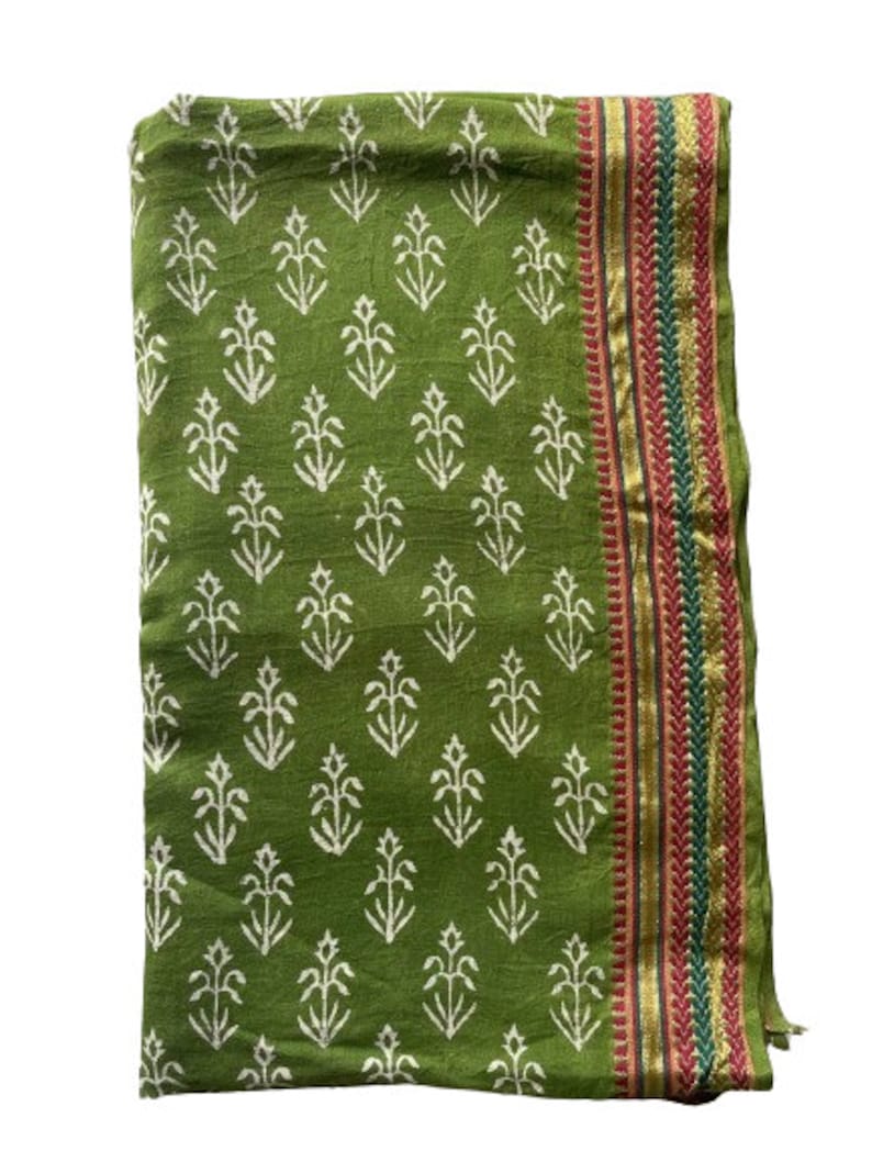 Silk Border Green Sarong, Hand Block Printed Cotton Sarong Wrap, Pareos, Plus Size Sarong, Bikini Cover Up, Size 44x72 Inches