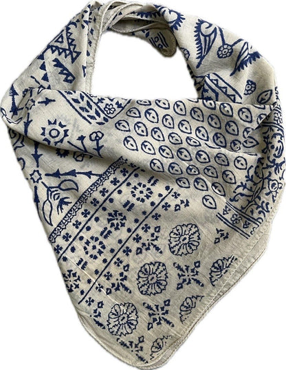 White Bandana With Gorgeous Blue Prints, Square Cotton Scarf for Women, Handmade Gift for Her