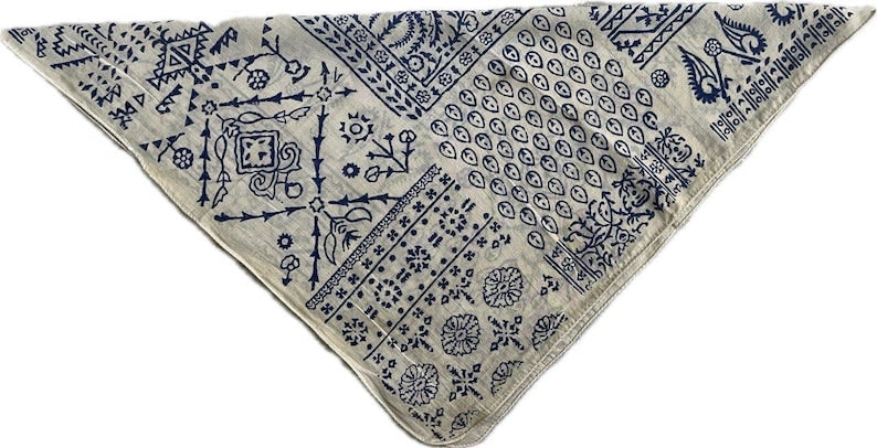 White Bandana With Gorgeous Blue Prints, Square Cotton Scarf for Women, Handmade Gift for Her