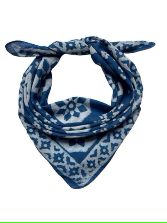 Blue Bandana - Hand Block Printed Cotton Bandana - Artistic Boho Square Scarf, Neckerchief & Kerchief