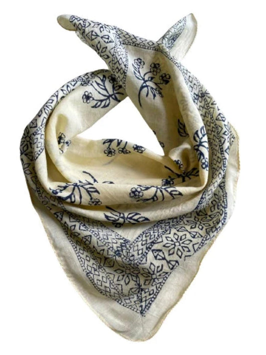 White Cotton Bandana Scarf with Blue Designs on it, Handmade Gift for Him/Her