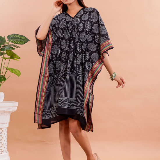 Classic Black Hand Block Printed Cotton Caftan with White Motifs and Silk Border