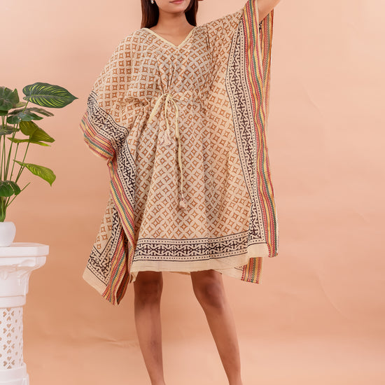 Beige Geometric Hand Block Printed Cotton Kaftan with Ethnic Borders