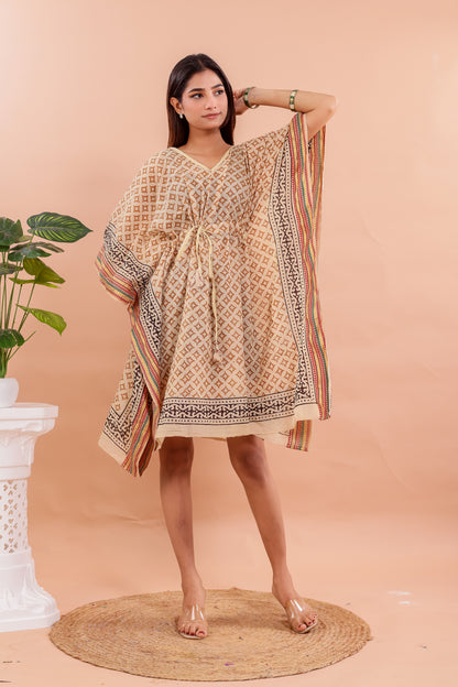 Beige Geometric Hand Block Printed Cotton Kaftan with Ethnic Borders