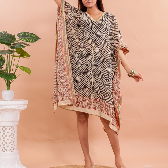 Bold Tribal Print Beige and Black Cotton Kaftan Dress with Hand Block Accents