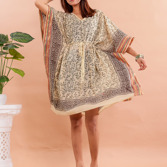 Vintage Beige Hand Block Printed Cotton Kaftan with Traditional Floral Motifs