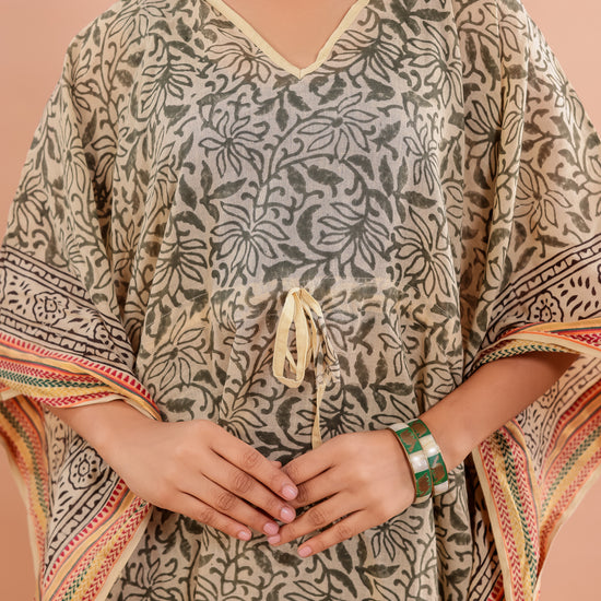 Beige and Olive Hand Block Printed Cotton Kaftan with Floral Vines and Traditional Borders