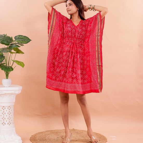 Vibrant Red Hand Block Printed Cotton Kaftan with Side Stripe Accents