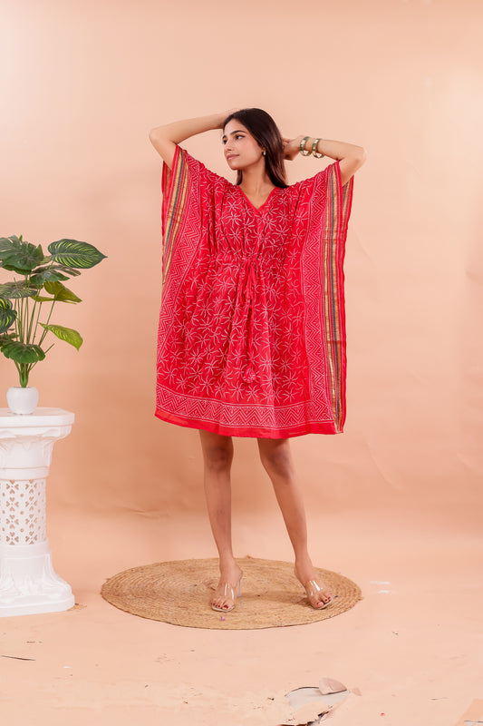 Vibrant Red Hand Block Printed Cotton Kaftan with Side Stripe Accents
