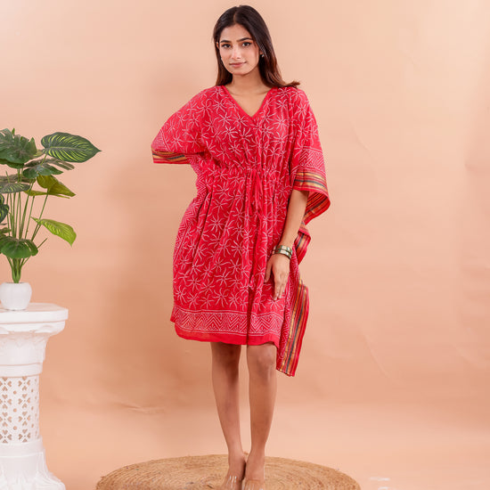 Vibrant Red Hand Block Printed Cotton Kaftan with Starry Floral Motifs & Ethnic Borders