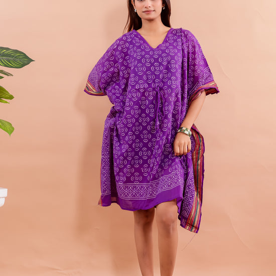 Royal Purple Hand Block Printed Cotton Kaftan with Swirl Motifs and Ethnic Borders
