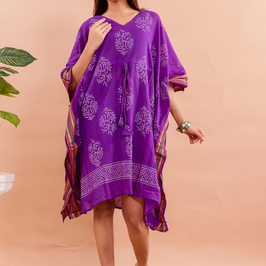 Royal Purple Hand Block Printed Cotton Kaftan with Motifs and Ethnic Borders