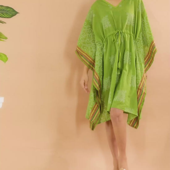 Lime Green Hand Block Printed Cotton Kaftan with Ethnic White Motifs