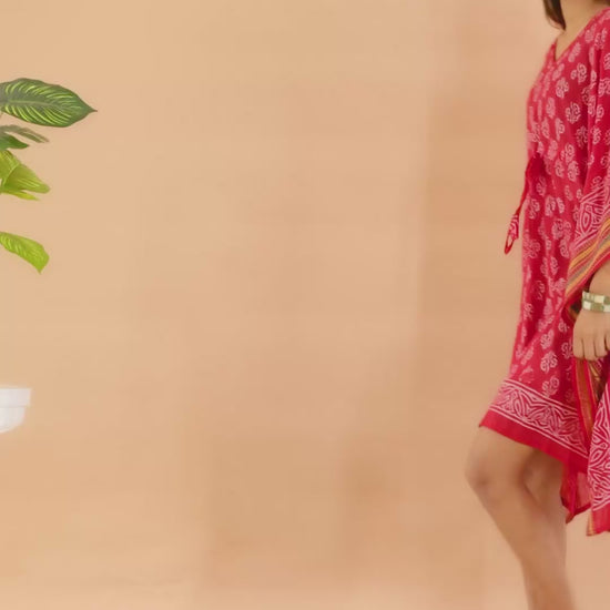 Vibrant Red Hand Block Printed Cotton Kaftan with Starry Floral Motifs & Ethnic Borders