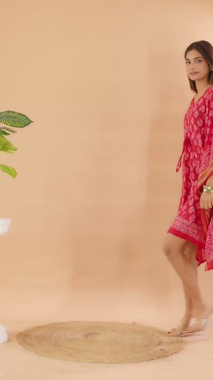 Vibrant Red Hand Block Printed Cotton Kaftan with Starry Floral Motifs & Ethnic Borders