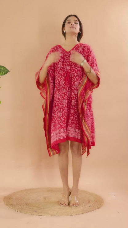Vibrant Red Hand Block Printed Cotton Kaftan with Floral Motifs and Ethnic Borders