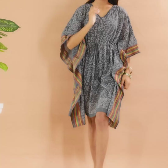 Slate Grey Hand Block Printed Cotton Kaftan with Tribal Motifs & Multicolor Border